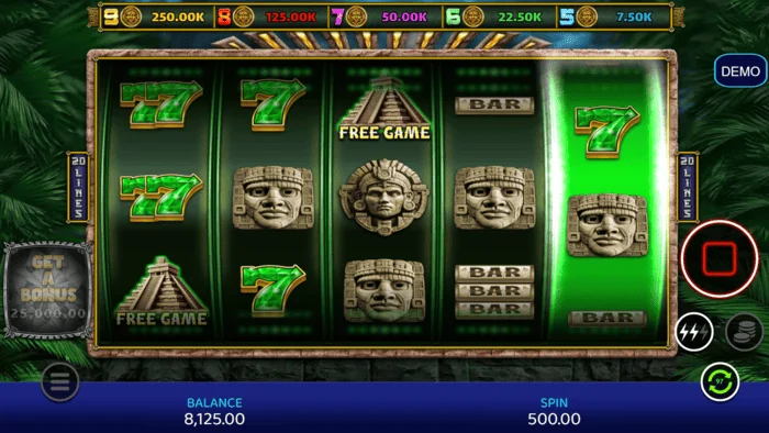 Mayan Madness - skrin permainan dengan gelendong dan garisan